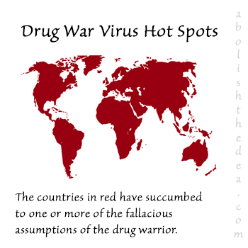 The Drug War Virus Hot Spots: the countries in red have abolished natural law in favor of demonizing natural psychoactive plant medicines in line with scheming American politicians