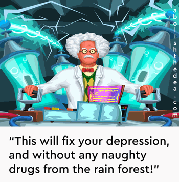 Mad scientist frying brains to treat depression thanks to the DEA's outlawing of psychoactive plant medicine.
