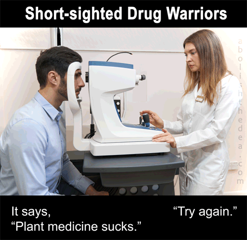 An optometrist standing beside table as eye patient looks into an autorefractor.  PATIENT: 'It says, plant medicine sucks.' OPTOMESTRIST: Try again.