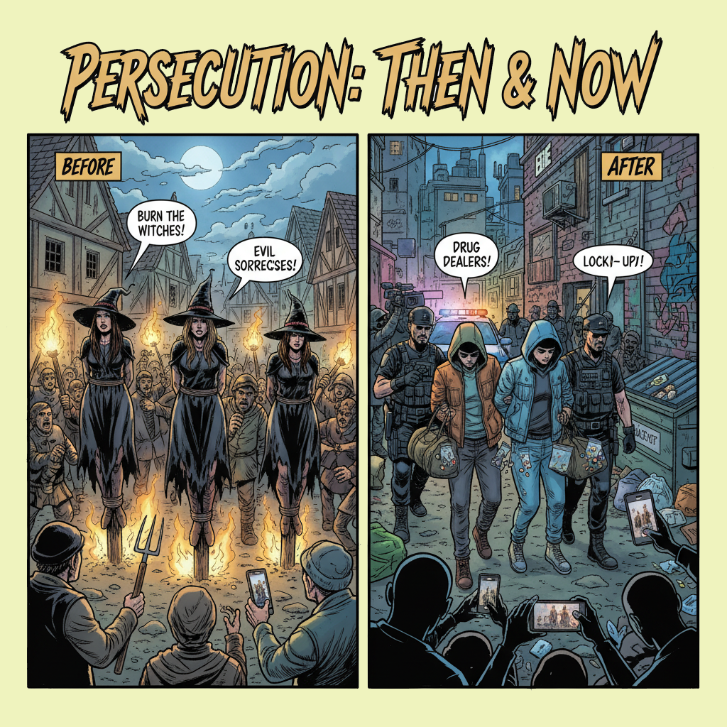 Comic book showing Persecution: Then and Now, with witches under 'then' and drug dealers under 'now'. The witches are being burned as villagers look on shouting, the drug dealers are being dragged away to jail as villagers look on shouting.