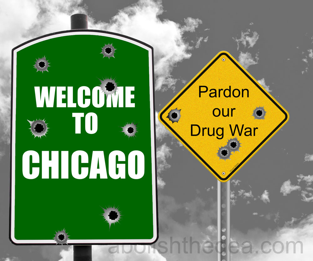 Green bullet-riddled sign says 'Welcome to Chicago'.  To right, yellow bullet-riddled sign says 'Pardon our Drug War'