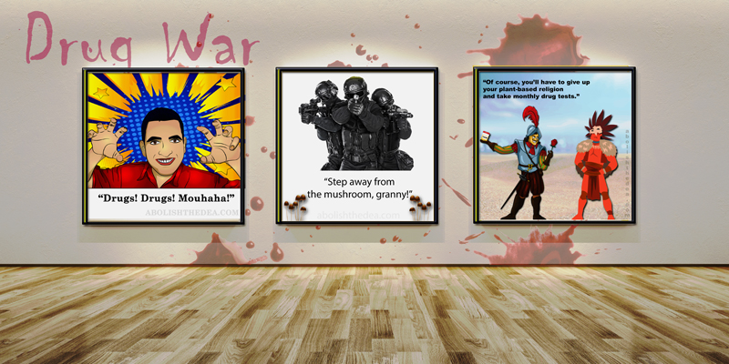 Digital montage depicts an art gallery exhibition about the Drug War. The blood-colored words 'Drug War' are splattered on the white walls, on which are hung op-ed pictures highlighting the tyrannous idiocy of drug prohibition.