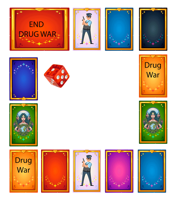 The image presents a colorful, digitally rendered board game featuring themed card illustrations, a die, and various text-based game elements, with the central theme surrounding the 'Drug War.'