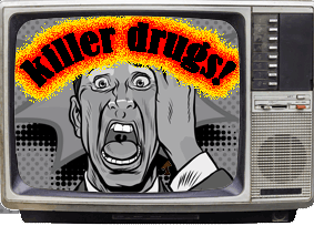 Drawing of old-fashioned television, probably from the 1970s. On screen, the head shot of a man screaming in black-and-white beneath the words 'killer drugs' in a large font and highlighted by a bright-red background.