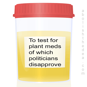 Sealed plastic bottle containing urine sample with label reading: 'To test for plant meds of which politicians disapprove'