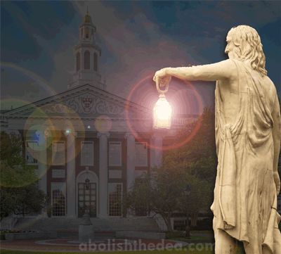 Ancient Greek holding lantern in front of benighted university.