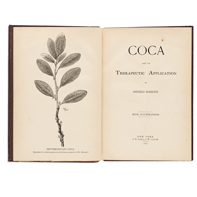Book open to title page. Left: Coca leaf, Right: 'Coca: Therapeutic Applications, Angelo Mariani