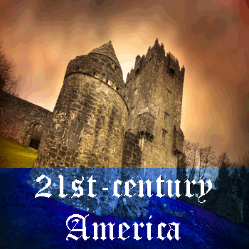 Medieval castle in stormy weather: text in foreground: 21st-century America