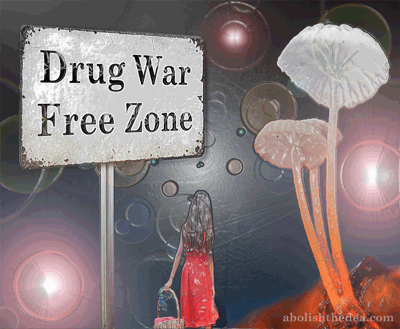 Alice in Wonderland, towered over by mushrooms and a sign that reads 'Drug War Free Zone'