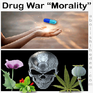 Drug war morality featuring depiction of pill floating in air in heavenly setting while showing nature's plant medicines beside grinning skull.