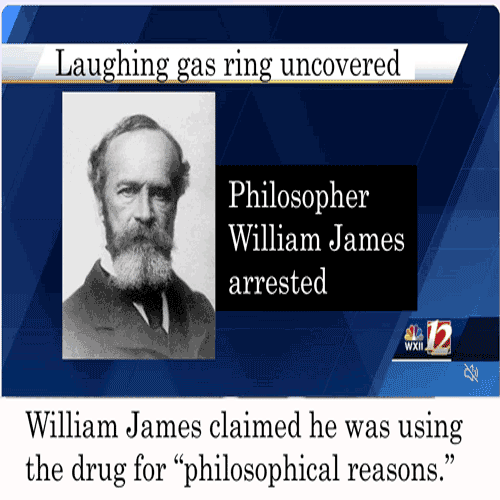 Photograph of philosopher William James under headline reading 'Laughing gas ring uncovered. William James arrested.' 