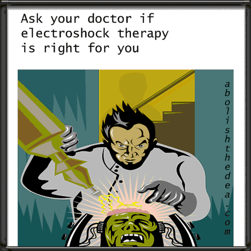 Mad doctor zapping brain of helpless and grimacing patient on operating table.