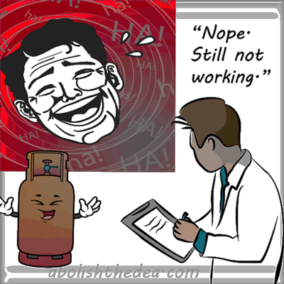 Man laughing hysterically with the help of laughing gas, as depression researcher in lab coat looks on and says, 'Nope, still not working.'