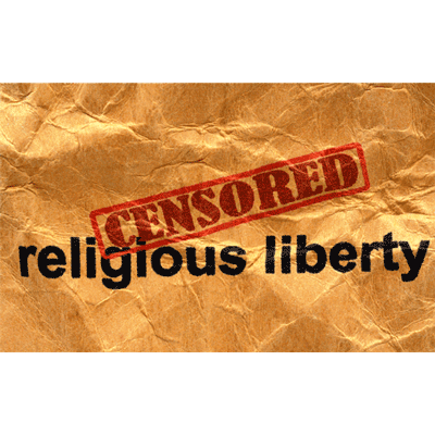 Words Censored stamped over the words 'religious liberty' on brown wrapping paper.