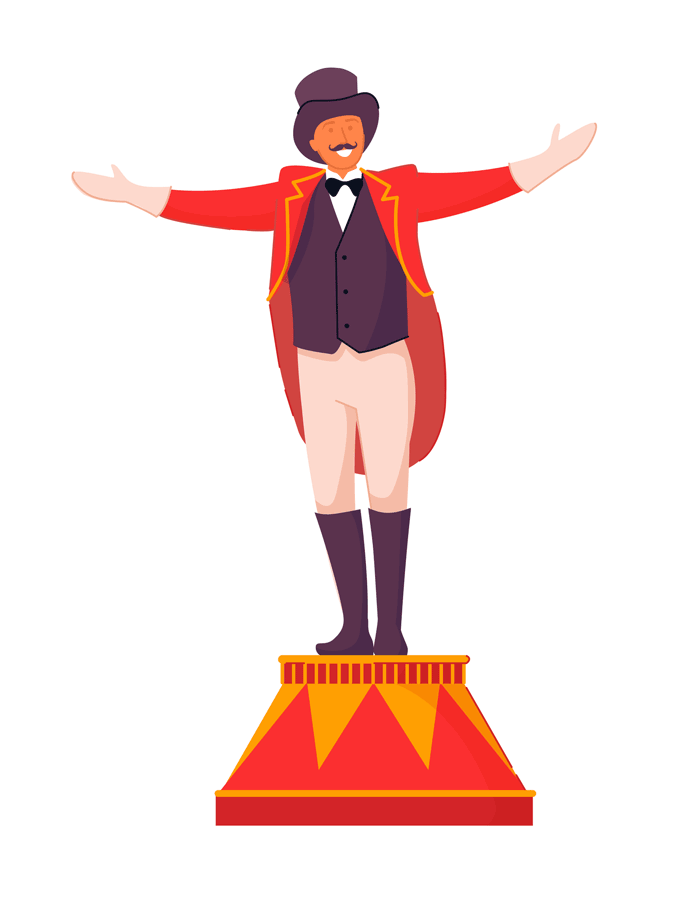 Circus barker in full regalia, addressing audience with outspread hands
