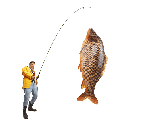 A fisherman is reeling in a large fish with a fishing rod.