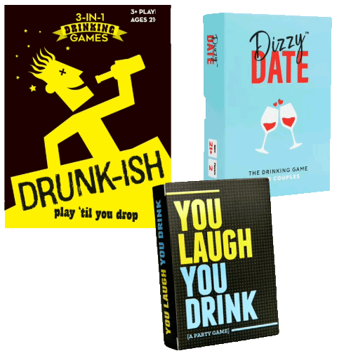 Hydration games for the holidays available at your nearest Walmart, including Drunkish, You Laugh You Drink, and Dizzy Date