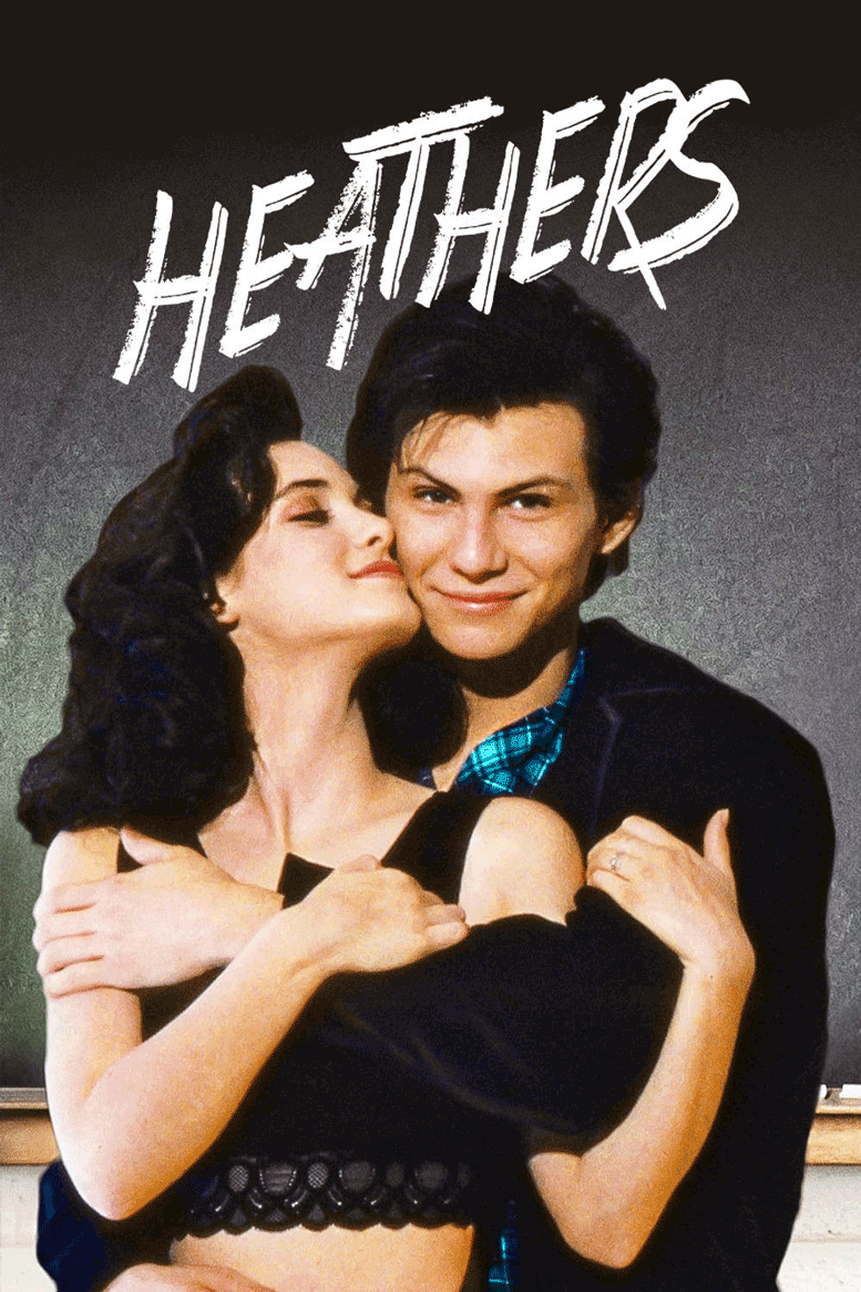 Movie poster for Heathers, showing Winona Ryder and Kevin Bacon embracing.