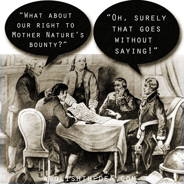 Founding Fathers  meeting to discuss the contents of the proposed U.S. Constitution.  One says: 'What about our right to Mother Nature's Bounty?' Another answers: 'Oh, surely that goes without saying!'