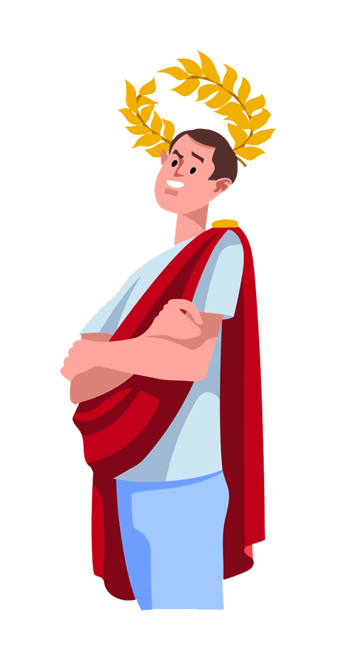 Cartoon man wearing red rob with laurels on head.