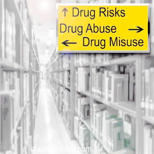 Typical American library, featuring books about drug risks, drug abuse, and drug misuse, but NOT drug benefits (abolishthedea.com)
