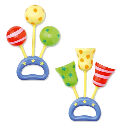 two colorful plastic baby rattles