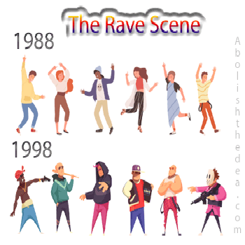 The image depicts a comparison of the rave scene in 1988 and 1998.