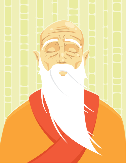 Cartoon portrait of wise bearded sensei posed in front of stylized bamboo shoots.