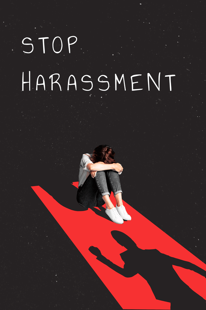 Young person sitting on ground withy head on knees, in red light coming from doorway, in which angry-looking shadow of adult lurks.