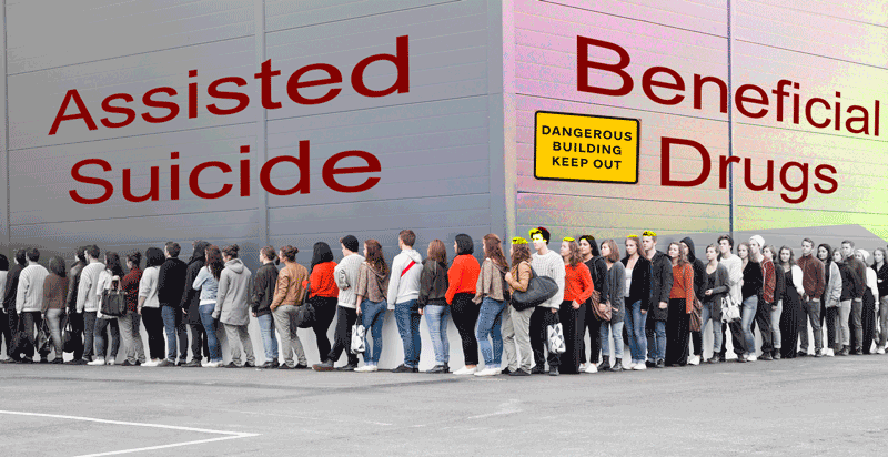 Line of people passing condemned building for 'Beneficial Drugs' -- continuing on to building for Assisted Suicide instead.