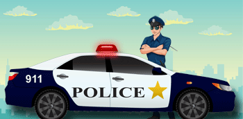 cartoon police officer standing behind police car with flashing red lights
