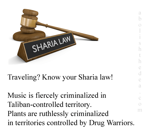 Gavel behind plaque that reads: 'Sharia Law."  Caption below: Traveling? Know your Sharia law! Music is fiercely criminalized in Taliban-controlled territory. Plants are ruthless criminalized in territories controlled by Drug Warriors.