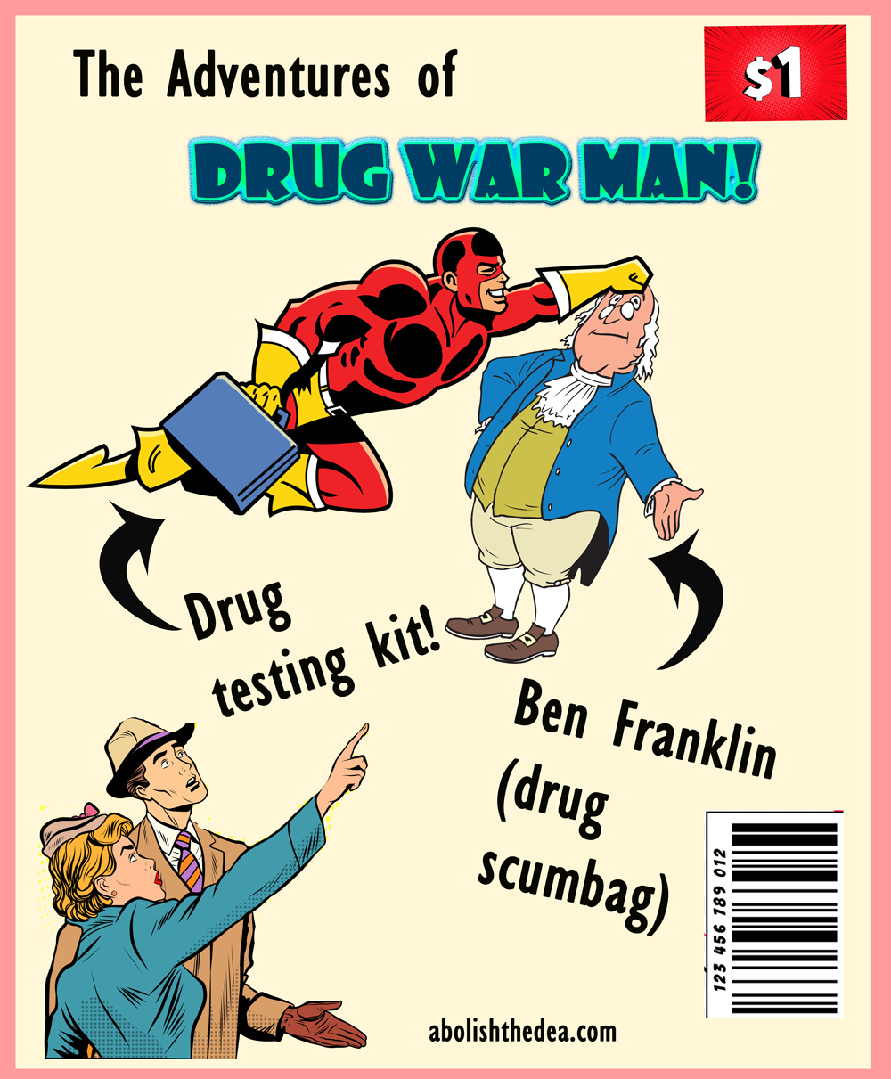 Comic book featuring superhero in red cape capturing drug scumbag Benjamin Franklin to stop him from smoking opium.