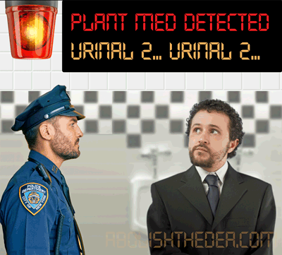 Man in public bathroom urinating in urinal, with a sign overhead reading: PLANT MED DETECTED... URINAL 2... Police officer approaches on left
