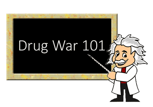 Kindly old cartoon professor, looking like Albert Einstein, points at blackboard featuring the words 'Drug War 101'.