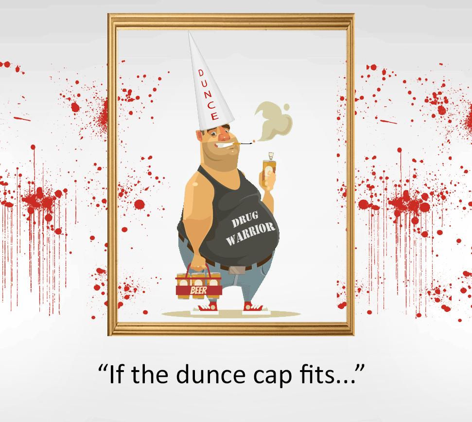 Cartoon of overweight, unshaven and beer-bellied white American wearing t-shirt with the words 'Drug Warrior' on front, smoking a cigarette and holding a six-pack  of beer in his right hand and a flask containing alcohol in his left hand.