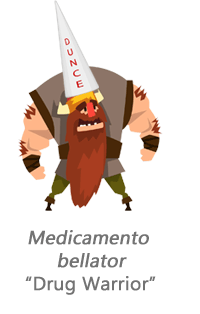 musclebound ogre with long red beard wearing a conical cap with the word 'dunce on it'.  Caption below reads: Medicamento bellator, 'Drug Warrior'