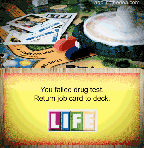 Photo of the Life board game above a Life Card that reads: 'You failed drug test. Return job card to deck.'