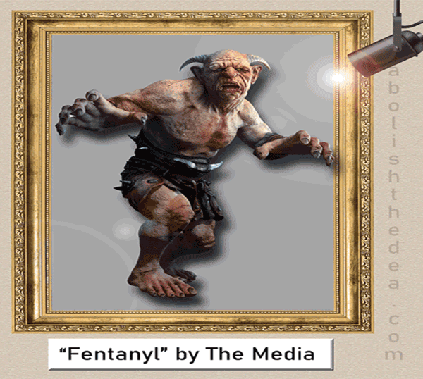 A picture of an ogre hanging in an art museum.  The title plaque beneath the picture reads: 'Fentanyl' by The Media
