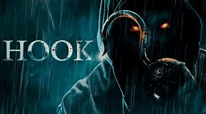 Poster for the 2025 movie Hook, featuring a shadowy and menacing head shot of the title character with red eyes glaring out from behind his trademark hook.