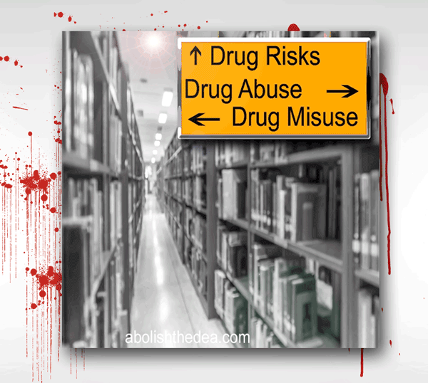 A sign in a library directs people about drug risks, abuse and misuse -- but no directions to books about drug benefits.