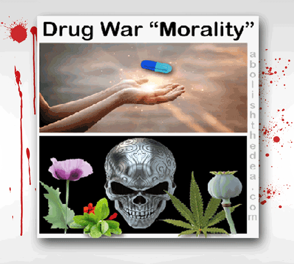 Drug war morality featuring depiction of pill floating in air in heavenly setting while showing nature's plant medicines beside grinning skull.