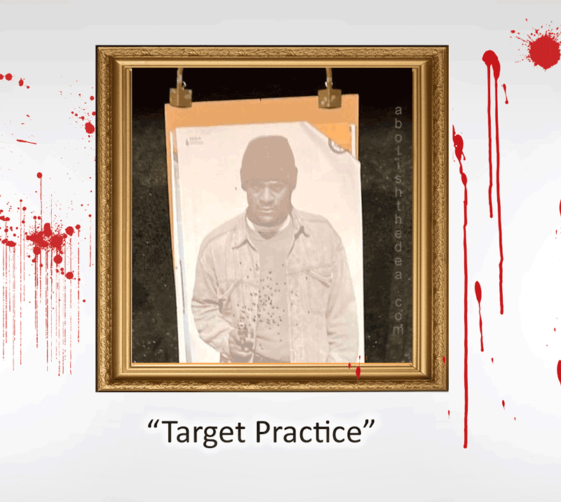 This is an actual photograph used for target practice by the Farmingham Police Department in Michigan. (from the Drug War Philosopher at abolishthedea.com) Photograph used for target practice shows black male holding gun with dozens of bullet holes in his chest.