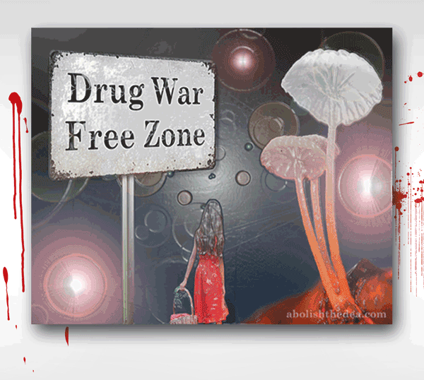 Alice in Wonderland, towered over by mushrooms and a sign that reads 'Drug War Free Zone'