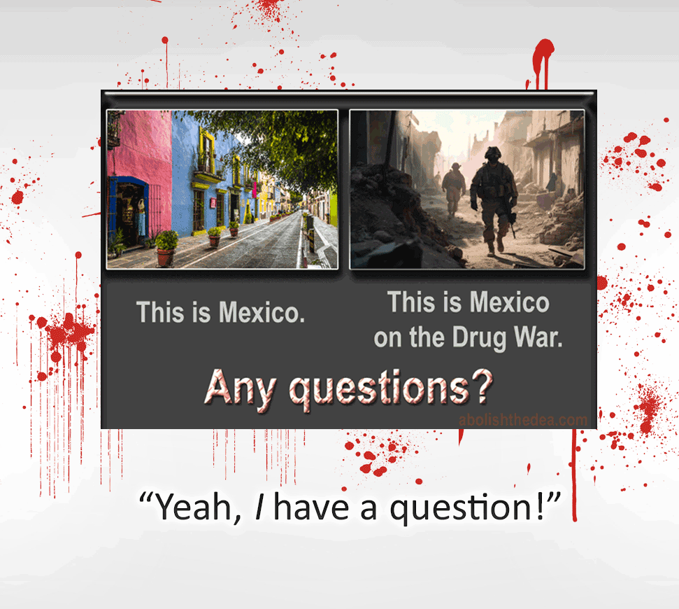 Side by side pictures showing effects of Drug War.  On left, tree-lined city street with colorful buildings with caption 'This is Mexico.' On right, soldier traverses rubble with caption 'This is Mexico on the Drug War.'