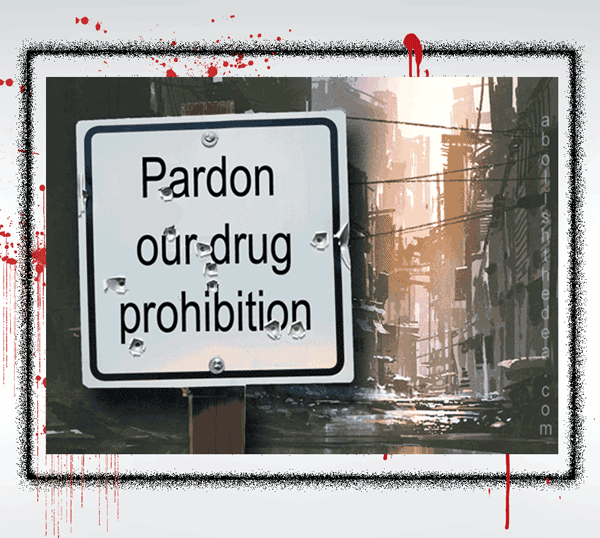 A city sign with bullet holes requests "Pardon our drug prohibition."