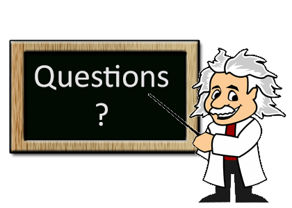 Kindly old professor, like Albert Einstein, pointing at blackboard featuring the word 'Questions'