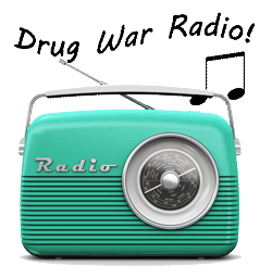 1950s green compact portable radio with dial and antenna, under wavy font reading 'Drug War Radio!'