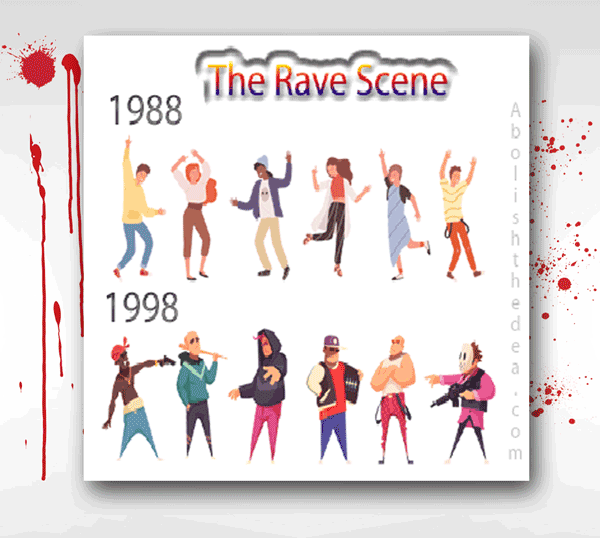 The image depicts a comparison of the peaceful rave scene in 1988 and the violent  rave scene in 1998, after the UK cracked down on the use of Ecstasy.