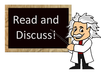 Kindly old professor, like Albert Einstein, pointing at text on chalkboard that says Read and Discuss!